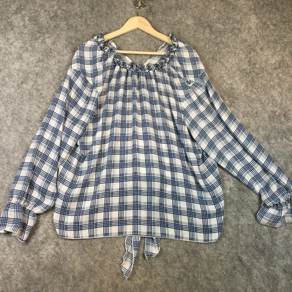 Ashley Stewart Top 22 24 3X Blouse Tie Front Plaid Blue Boho V Neck Ruffle Cuff - Picture 9 of 10